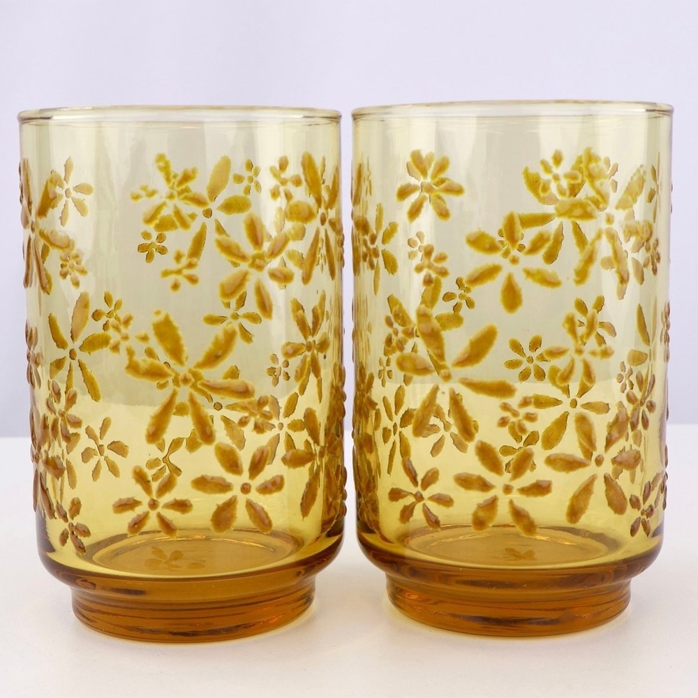 Vintage Libbey Gold Bouquet Amber Glass Tumblers Set 2 Floral Raised Pattern 5" - Picture 4 of 4